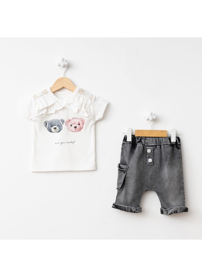 FOR MY BABY Baby Fou Knitted Denim Girls T-shirt Set  - Image 1