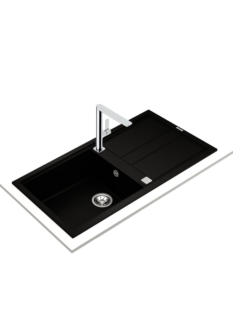 تيكا Nova Series Tegranite+ Sink with One Bowl and One Drainer, Inset Installation, 3½” Automatic Waste Basket with Siphon, HelixPro Waste Basket, 200 mm Deep Bowl Nova 60 L-TG 1B 1D Black Black 1000x510x200mm - Image 2
