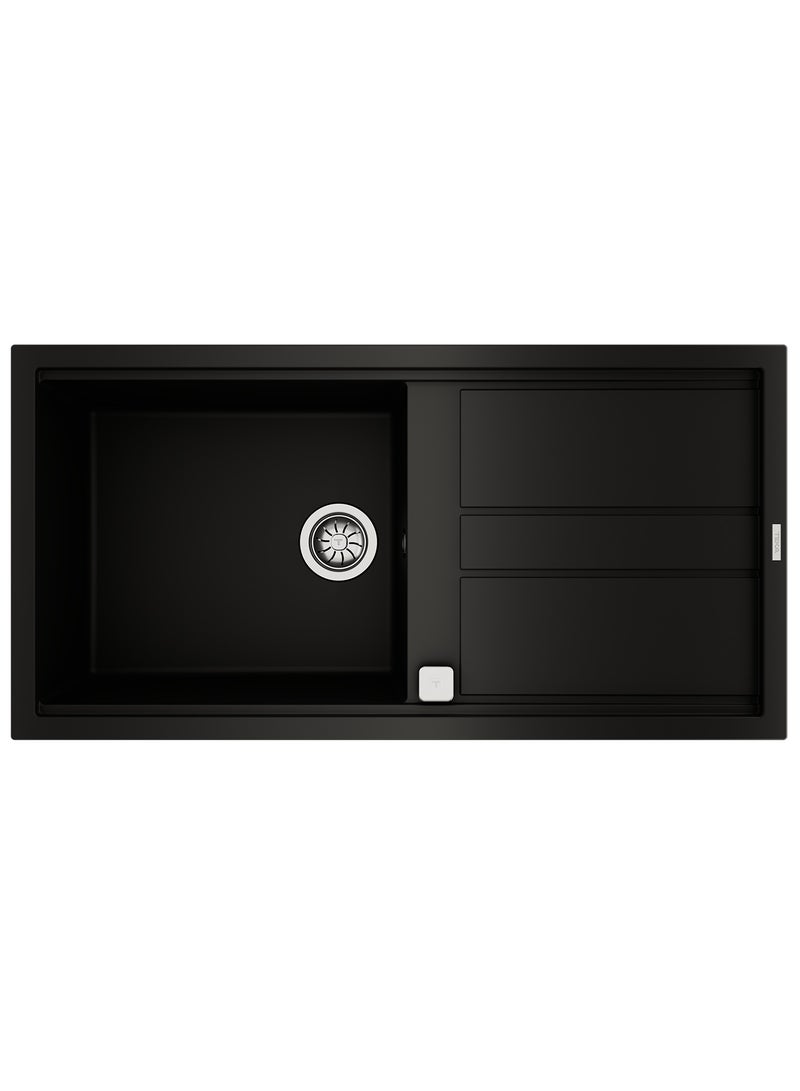 تيكا Nova Series Tegranite+ Sink with One Bowl and One Drainer, Inset Installation, 3½” Automatic Waste Basket with Siphon, HelixPro Waste Basket, 200 mm Deep Bowl Nova 60 L-TG 1B 1D Black Black 1000x510x200mm - Image 1