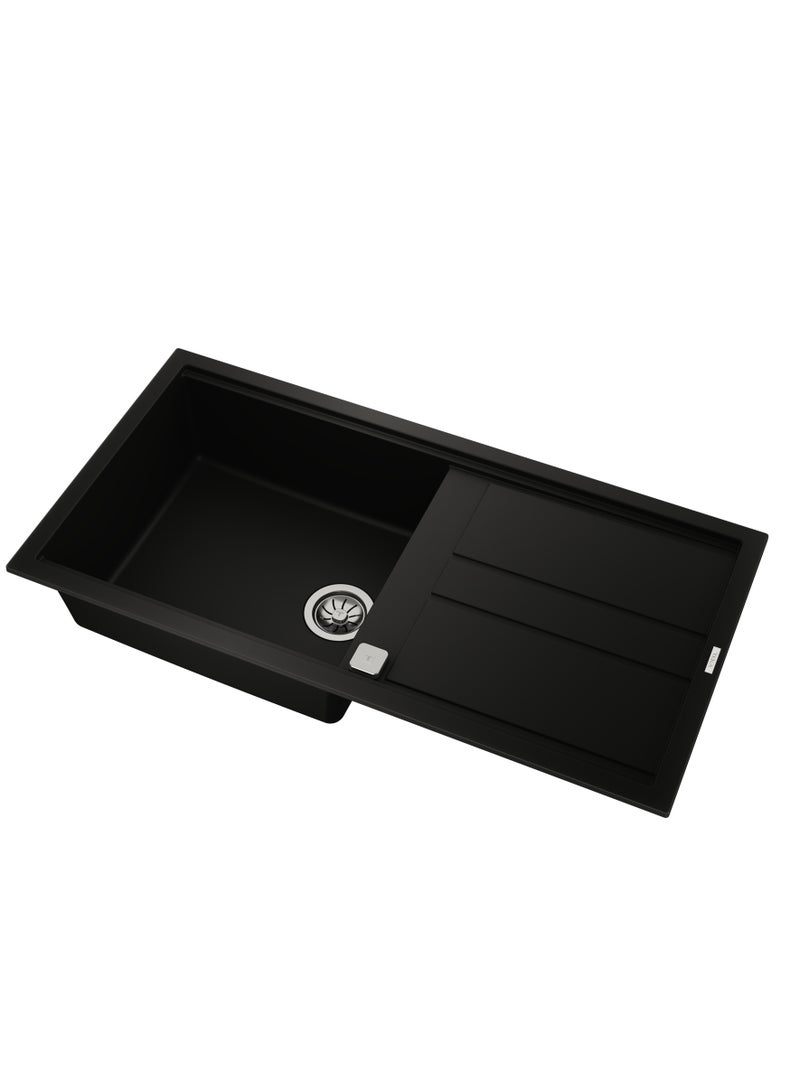 تيكا Nova Series Tegranite+ Sink with One Bowl and One Drainer, Inset Installation, 3½” Automatic Waste Basket with Siphon, HelixPro Waste Basket, 200 mm Deep Bowl Nova 60 L-TG 1B 1D Black Black 1000x510x200mm - Image 4