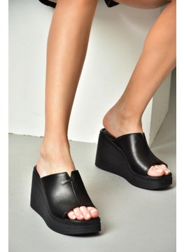 Fox Shoes P555961203 Black Leather Wedge Heeled Women's Slippers  - Image 4