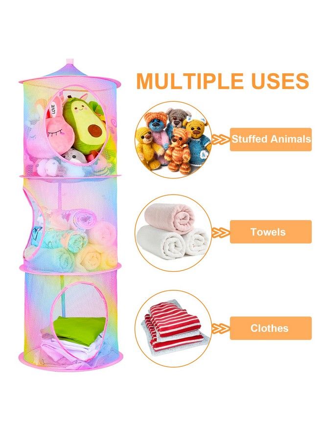 Basumee Stuffed Animals Net Or Hammock 2Pcs Hanging Stuffed Animals Storage 3 Compartments Toy Net Hammock For Stuffed Animals Organizer Mesh Stuff Animals Hammock For Kids Girls Room Rainbow - Image 4