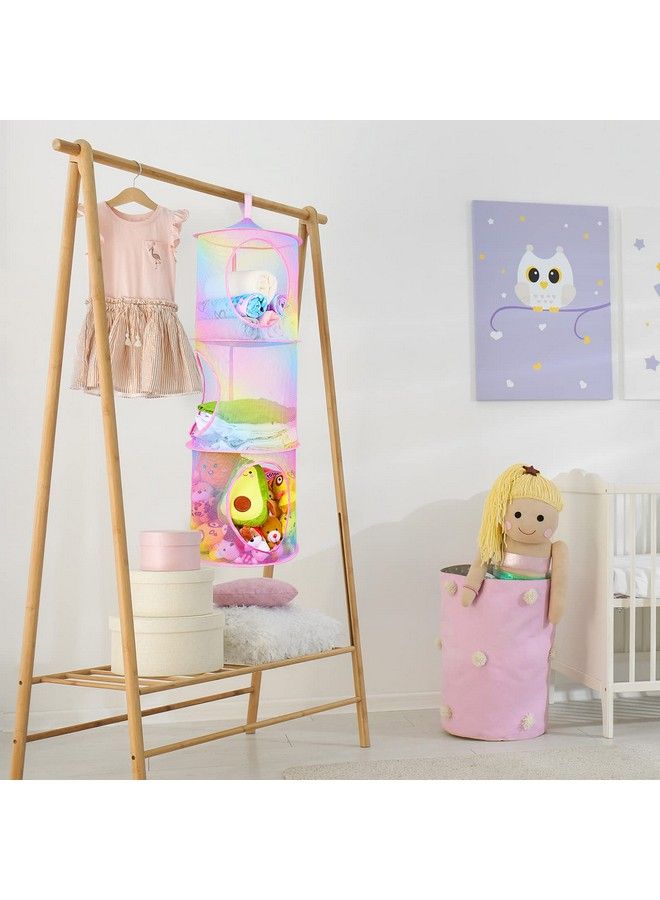 Basumee Stuffed Animals Net Or Hammock 2Pcs Hanging Stuffed Animals Storage 3 Compartments Toy Net Hammock For Stuffed Animals Organizer Mesh Stuff Animals Hammock For Kids Girls Room Rainbow - Image 5