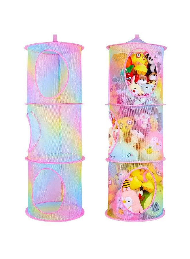 Basumee Stuffed Animals Net Or Hammock 2Pcs Hanging Stuffed Animals Storage 3 Compartments Toy Net Hammock For Stuffed Animals Organizer Mesh Stuff Animals Hammock For Kids Girls Room Rainbow - Image 2