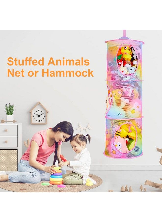 Basumee Stuffed Animals Net Or Hammock 2Pcs Hanging Stuffed Animals Storage 3 Compartments Toy Net Hammock For Stuffed Animals Organizer Mesh Stuff Animals Hammock For Kids Girls Room Rainbow - Image 3