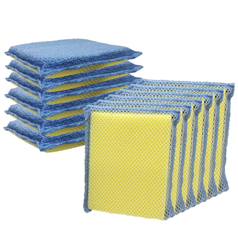 Lola Products Microfiber Terry  Nylon Net Sponge Scrubber Pad 5 X 35 X 625 Non Scratch 2Way Cleaning Gently Scrubs  Wipes Clean 12 Pack