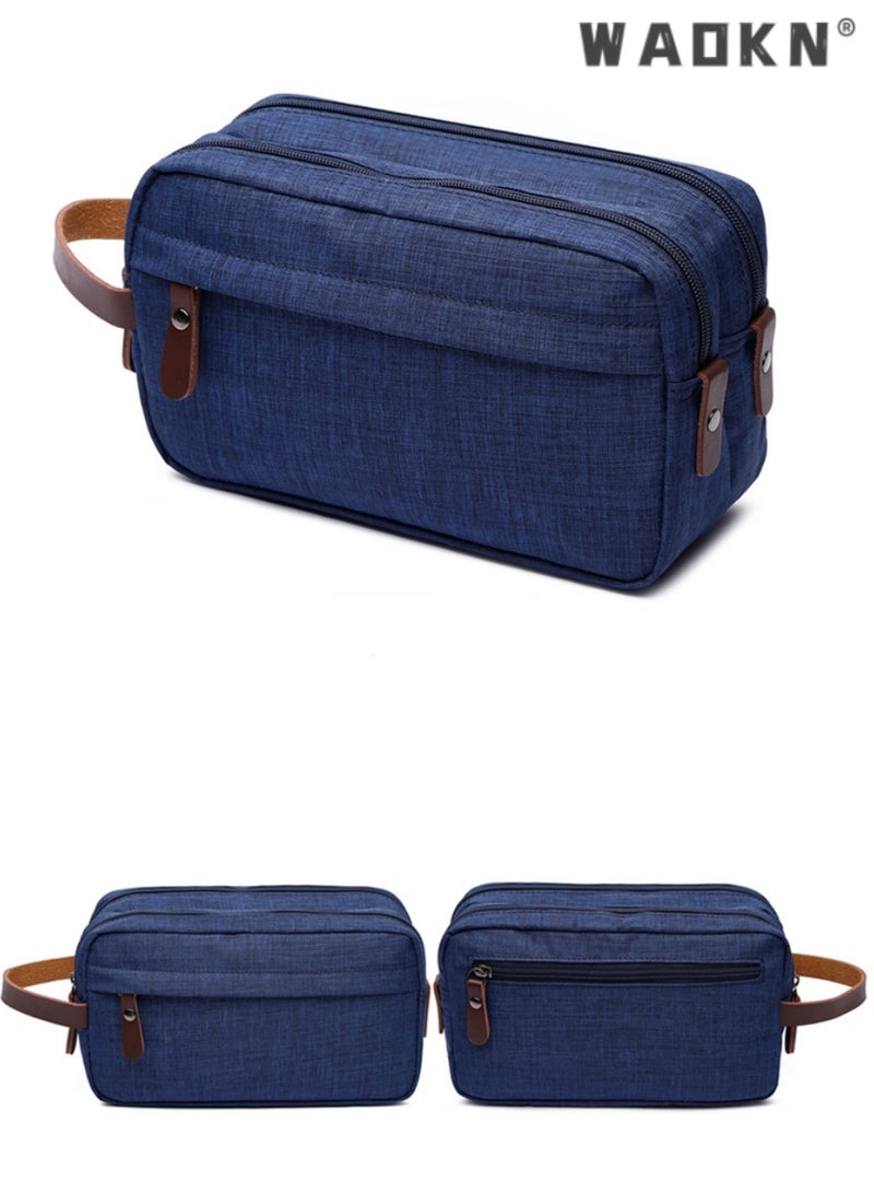 WAOKN Portable Travel Toiletry Bag, Men's Travel Organizer Kit, Shaving Facial Cleanser Bathroom Bag, Canvas Toiletry Organizer Bag, Canvas Organizer for Shampoo Shower Gel,with Handle (Blue) - Image 2
