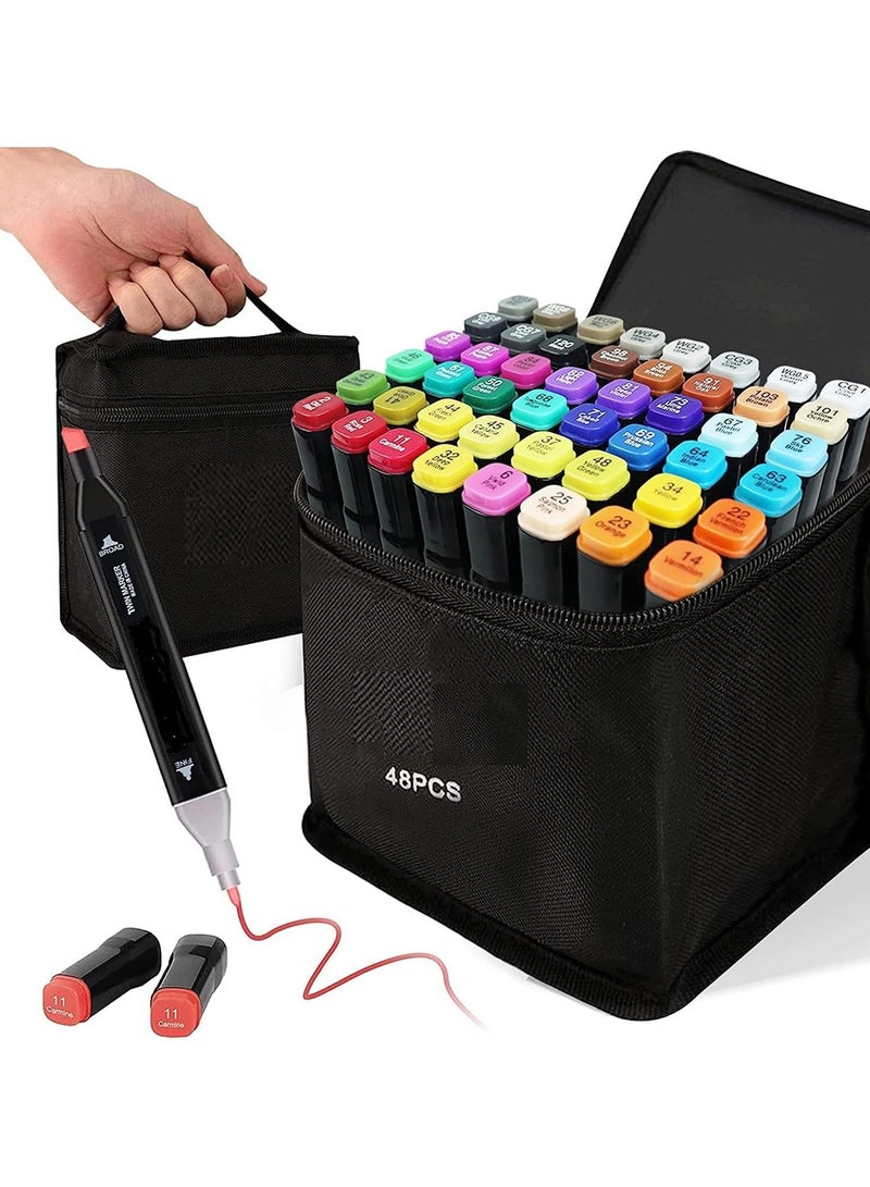 مجموعة ماركر للرسم والتلوين 48 لون – أقلام تحديد مزدوجة الرأس للمصممين والفنانين – ألوان مشبعة بعلبة حمل - Image 1