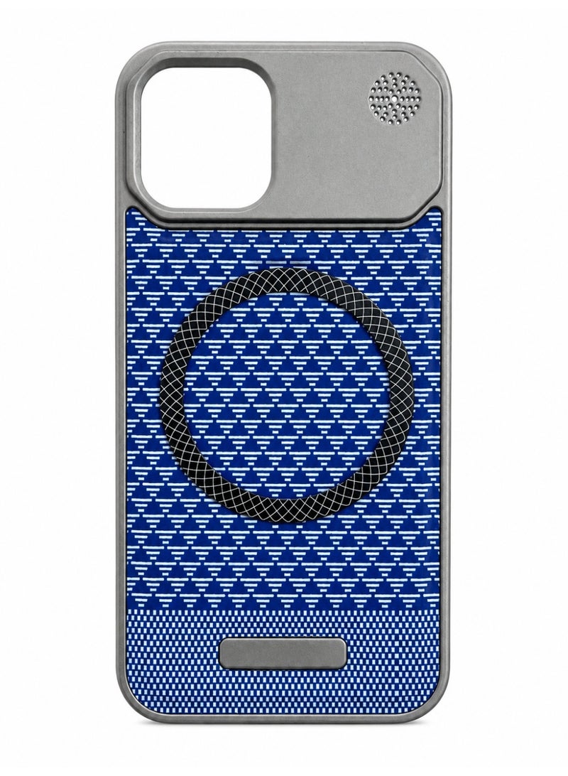 Blue Pattern Magnetic Ring Holder Protective Phone Case – Dual-Tone Silver & Blue Back Cover with Built-In Circular Grip Ring, Raised Camera Border, Textured Geometric Pattern and Slim Shock-Resistant Design