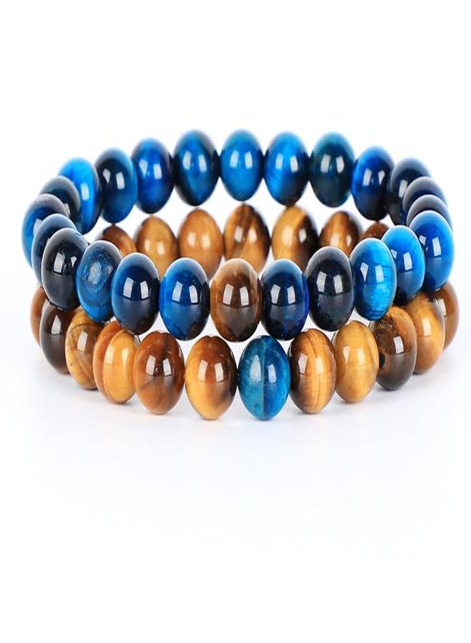 AD Beads 2Pcs His & Hers Distance Beads Bracelets Elastic Natural Stone Yoga Bracelet (Yellow Tiger's Eye & Aquamarine Tiger's) - Image 1