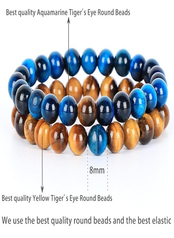 AD Beads 2Pcs His & Hers Distance Beads Bracelets Elastic Natural Stone Yoga Bracelet (Yellow Tiger's Eye & Aquamarine Tiger's) - Image 2