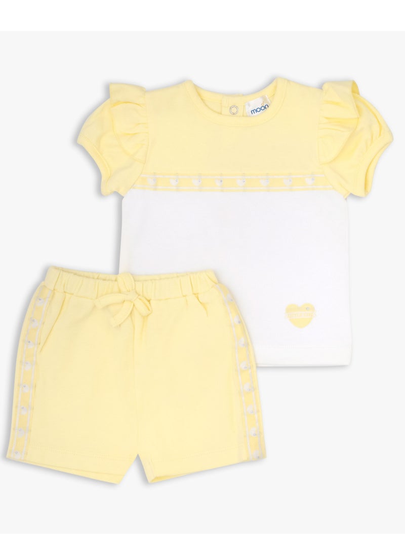MOON 100% Cotton Short-Sleeved Top & Shorts 0-3M Yellow - Lemon Hearts - Image 1