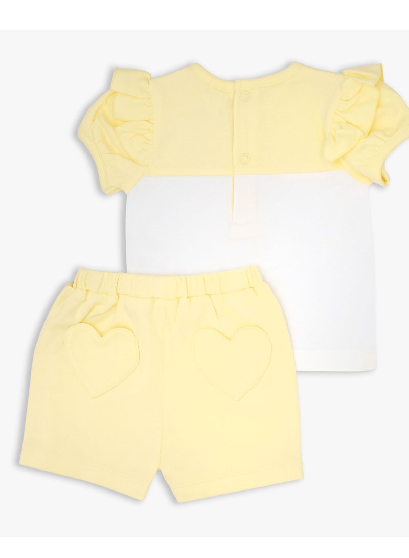 MOON 100% Cotton Short-Sleeved Top & Shorts 0-3M Yellow - Lemon Hearts - Image 2