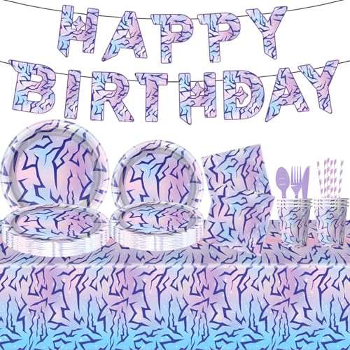 JU XIN 104pcs Purple Demon Birthday Tableware Hunters Party Character Supplies Set Include BannerPlates Napkins Cups Knives Spoons Forks Straw Tablecloth Boys Girls Movie Theme Party - Image 1