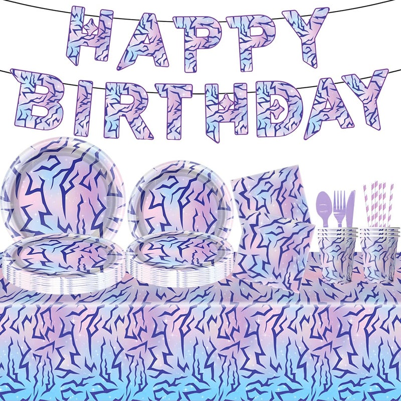 JU XIN 104pcs Purple Demon Birthday Tableware Hunters Party Character Supplies Set Include BannerPlates Napkins Cups Knives Spoons Forks Straw Tablecloth Boys Girls Movie Theme Party - Image 3