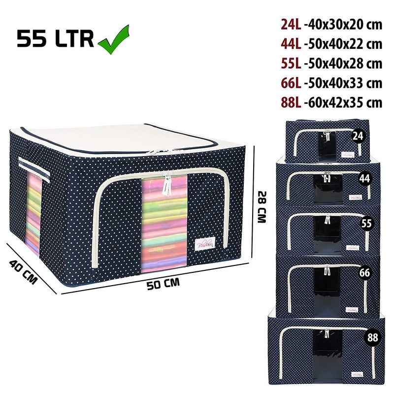 DR Mall Foldable 55L Clothes Living Storage Organizer Handled Bag Box for Large Size Bedding Blankets Sweaters Comforter with Sturdy Zipper Steel Frame Clear Window 55 Liter 2 Pack - Image 5