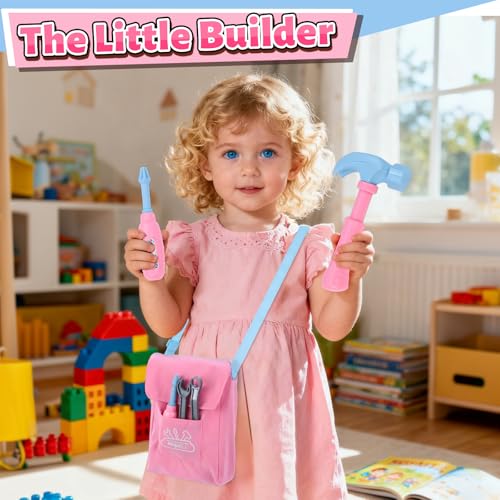 Magic4U Kids Tool Set with Tool Bag Tape Measure Toddler Tool Set Pretend Play Construction ToysIdeal Birthday for Kids Age 36 Years Old Pink - Image 5