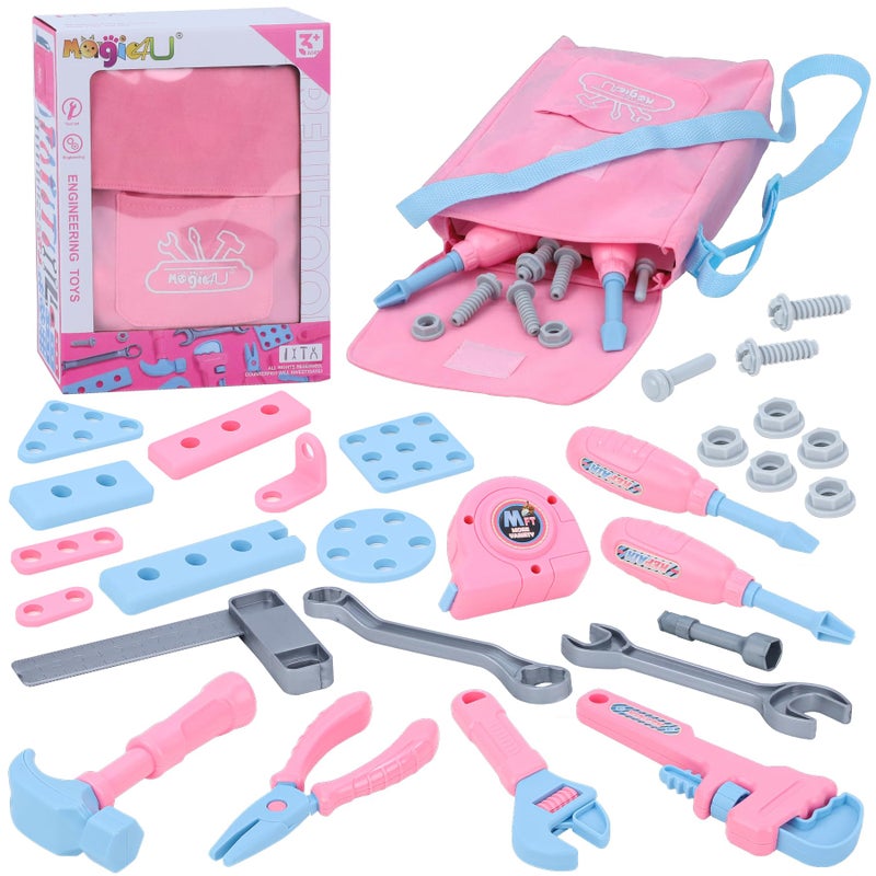 Magic4U Kids Tool Set with Tool Bag Tape Measure Toddler Tool Set Pretend Play Construction ToysIdeal Birthday for Kids Age 36 Years Old Pink - Image 3