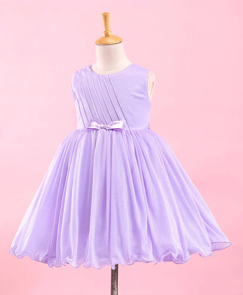 babyhug Babyhug Sleeveless Shimmery Party Wear Frock Glitter Print with Striped Textures - Lavender