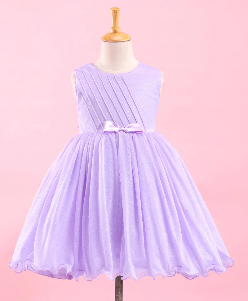 babyhug Babyhug Sleeveless Shimmery Party Wear Frock Glitter Print with Striped Textures - Lavender