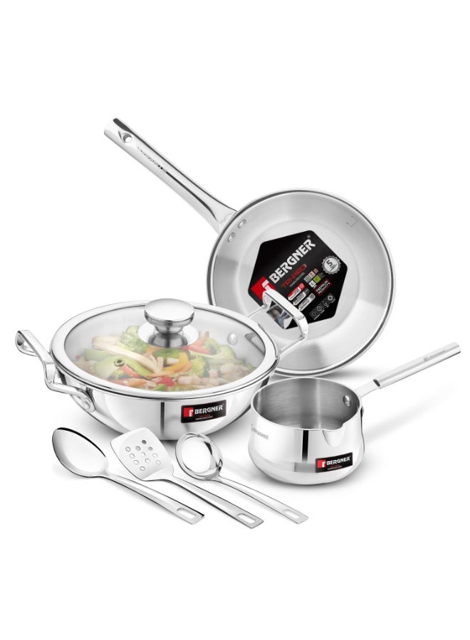 Bergner TriPro 7 Pcs Triply Stainless Steel Induction Bottom Cookware Set, 22cm (2L) Kadai, 22cm (1L) Frypan with Dome Shaped Common Glass Lid, 12cm (0.9L) Coffee Warmer, Ladle, Serving Spoon, Turner - Image 1