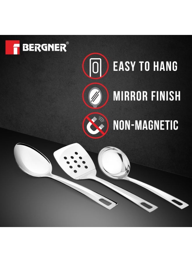 Bergner TriPro 7 Pcs Triply Stainless Steel Induction Bottom Cookware Set, 22cm (2L) Kadai, 22cm (1L) Frypan with Dome Shaped Common Glass Lid, 12cm (0.9L) Coffee Warmer, Ladle, Serving Spoon, Turner - Image 2