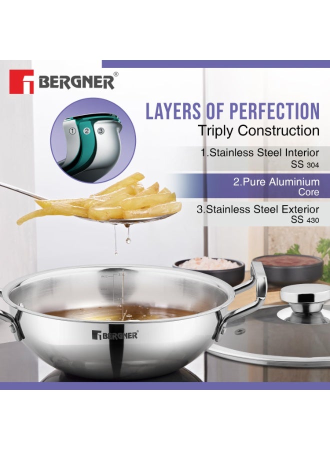 Bergner TriPro 7 Pcs Triply Stainless Steel Induction Bottom Cookware Set, 22cm (2L) Kadai, 22cm (1L) Frypan with Dome Shaped Common Glass Lid, 12cm (0.9L) Coffee Warmer, Ladle, Serving Spoon, Turner - Image 4
