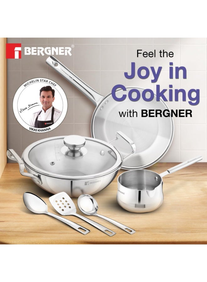 Bergner TriPro 7 Pcs Triply Stainless Steel Induction Bottom Cookware Set, 22cm (2L) Kadai, 22cm (1L) Frypan with Dome Shaped Common Glass Lid, 12cm (0.9L) Coffee Warmer, Ladle, Serving Spoon, Turner - Image 3