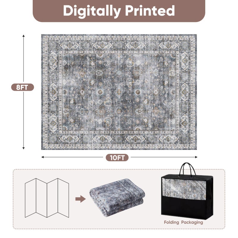 Rugcomf 8x10 Rug Washable Boho Soft Large Area Rug Non-Slip Faux Wool Vintage Rug for Living Room, Farmhouse, Dining Room, Indoor, Kids Playroom (Grey) - Image 5