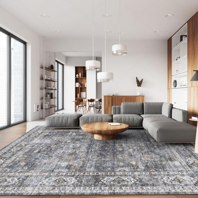 Rugcomf 8x10 Rug Washable Boho Soft Large Area Rug Non-Slip Faux Wool Vintage Rug for Living Room, Farmhouse, Dining Room, Indoor, Kids Playroom (Grey) - Image 1