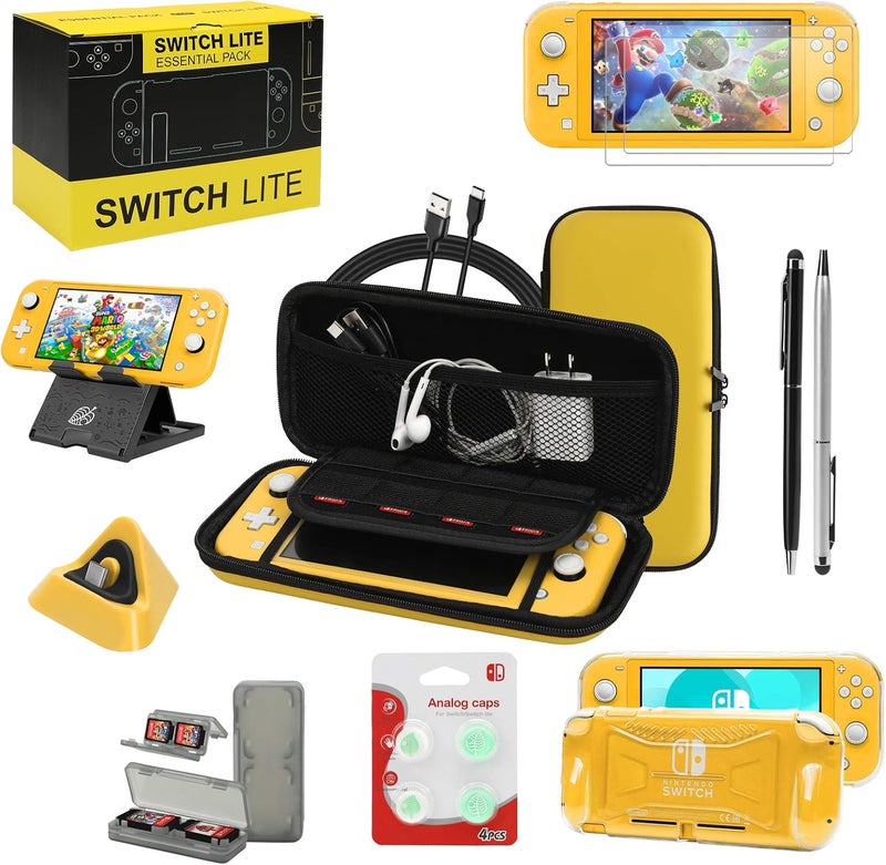 حزمة ملحقات Switch Lite، مجموعة مع حقيبة حمل، غطاء حافظة TPU مع واقي شاشة، قاعدة شحن، حامل لعب، حقيبة بطاقات الألعاب، كابل USB، قلم، أغطية مقابض الإبهام لـ Nintendo Switch Lite (أصفر) - Image 1