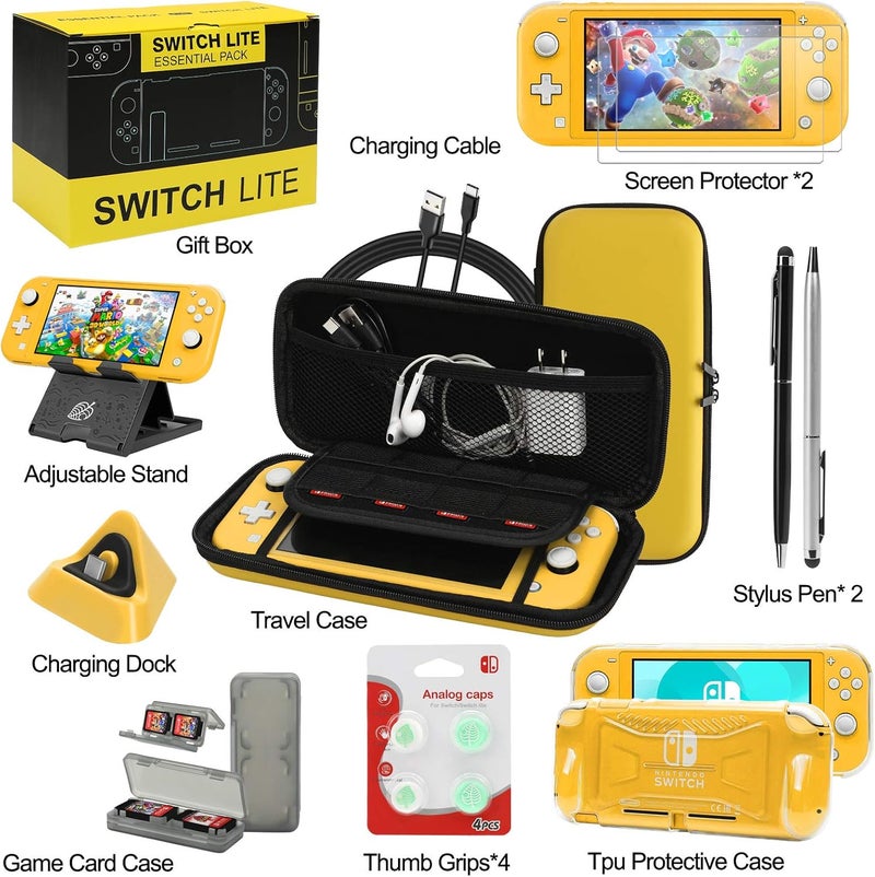 حزمة ملحقات Switch Lite، مجموعة مع حقيبة حمل، غطاء حافظة TPU مع واقي شاشة، قاعدة شحن، حامل لعب، حقيبة بطاقات الألعاب، كابل USB، قلم، أغطية مقابض الإبهام لـ Nintendo Switch Lite (أصفر) - Image 2