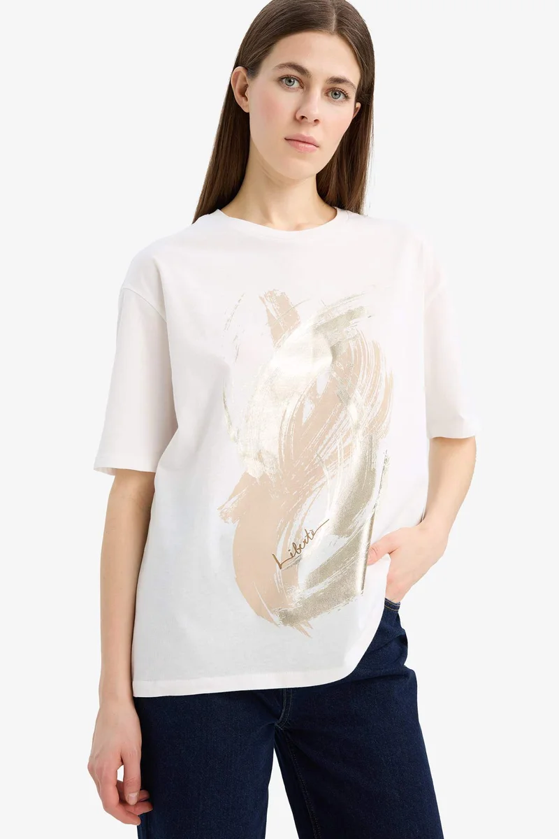 DeFacto Relax Fit Crew Neck Printed Short Sleeve T-Shirt