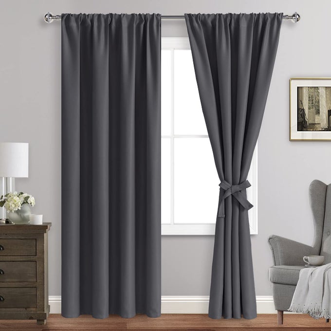 BLACKOUT CURTAINS FOR BEDROOM THERMAL INSULATED ROOM DARKENING ROD POCKET CURTAINS FOR LIVING ROOM SET OF 2 PANELS WITH TIEBACKS 42 X 84 INCH LENGTH DARK GREY