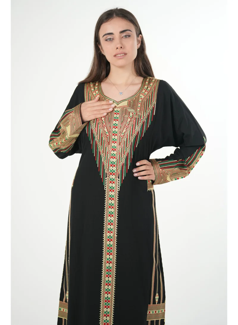 AL BENT AL SHARQIEH Black printed round neck jalabiya dress for Women | Best Price UAE