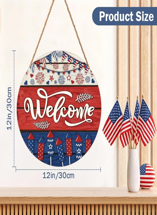 Harooni Memorial Day Decorations Door Sign for Front Door, Independence Day Patriotic Wreaths Welcome Sign, Round Wood Hanging Door Sign for Memorial Day 4th of July Patriotic Wreaths Outdoor 12”x 12” - Image 2