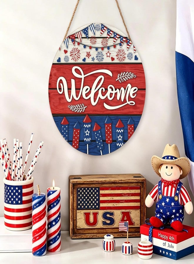 Harooni Memorial Day Decorations Door Sign for Front Door, Independence Day Patriotic Wreaths Welcome Sign, Round Wood Hanging Door Sign for Memorial Day 4th of July Patriotic Wreaths Outdoor 12”x 12” - Image 3