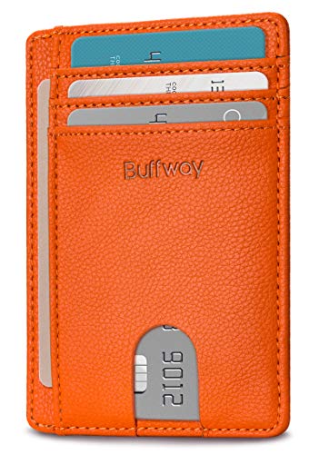 Buffway Slim Minimalist Front Pocket RFID Blocking Leather Wallets for Men and Women - Lichee Orange - Image 5