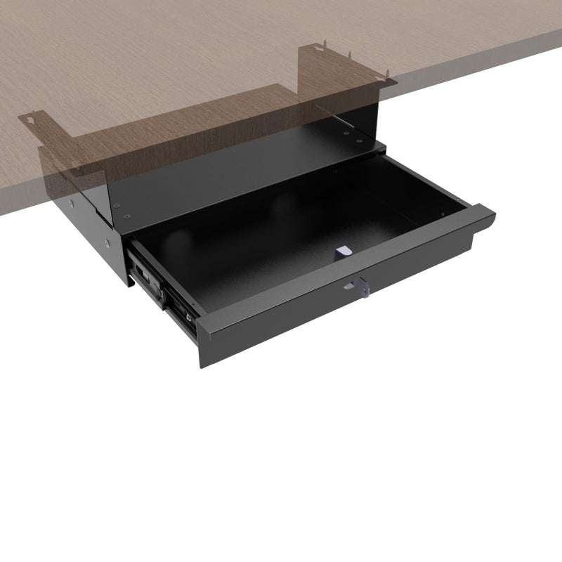 Mofangtech Under Desk Drawer Sliding Out Attachment with Shell, 15.6" x 10" x 5.07" Pull Out Lockable Drawer Storage Organizer with Cable Mangement for Workbench or Standing Desk with High Crosspiece - Image 1