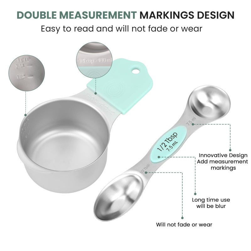 HOUJIP Magnetic Measuring Cups and Spoons Set-Heavy Duty 304 Stainless Steelï¼ŒDouble Measurement Markingsï¼ŒSet of 16 with Leveler for Measure Dry and Liquid Ingredients (Mint) - Image 4