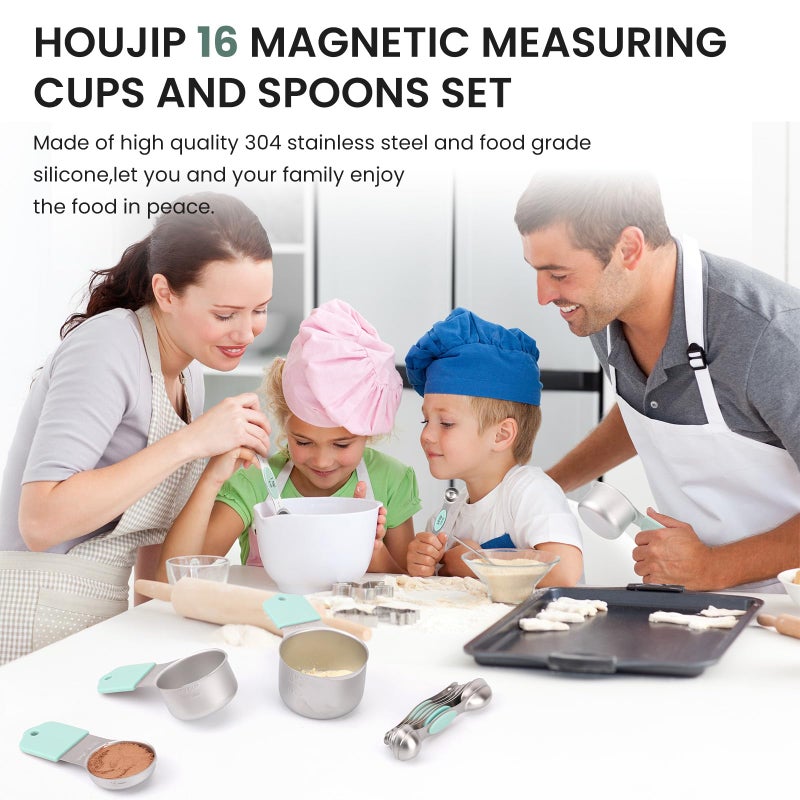 HOUJIP Magnetic Measuring Cups and Spoons Set-Heavy Duty 304 Stainless Steelï¼ŒDouble Measurement Markingsï¼ŒSet of 16 with Leveler for Measure Dry and Liquid Ingredients (Mint) - Image 3