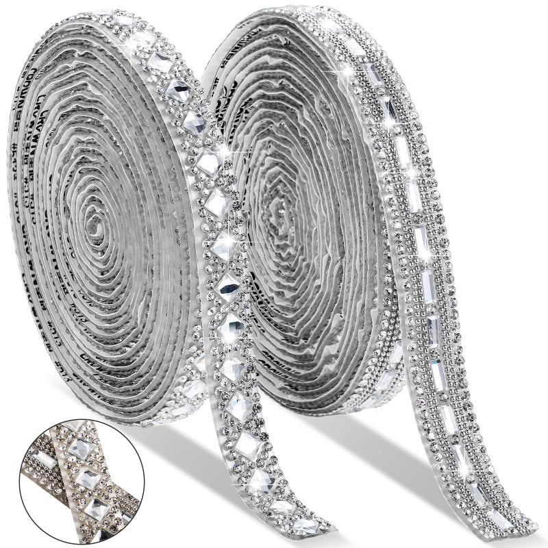 6 Yards Self Adhesive Rhinestone Ribbons 2 Styles Diamond Ribbon Crystal Roll Bling Diamond Rhinestone Crystal Car Sticker Gem Sticker for DIY Art Crafts Car Phone DecorationSilver