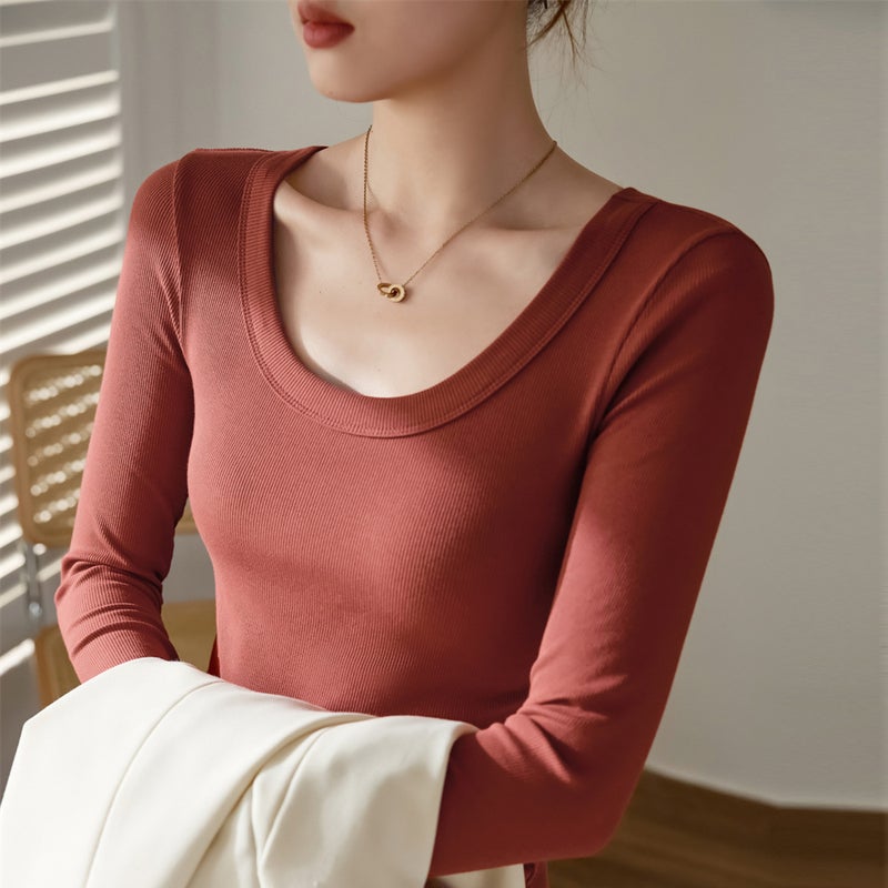 No Fear Goods Biyou Cotton Threaded U-Neck Long-Sleeved T-Shirt for Women 2025 Autumn and Winter New Slim Fit Top Bottoming Shirt Korea - Image 1