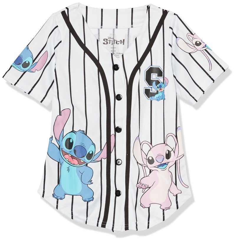 Disney Girls Lilo & Stitch & Angel Ohana Baseball Jersey Mesh Button Down Shirt White/Black - Image 1