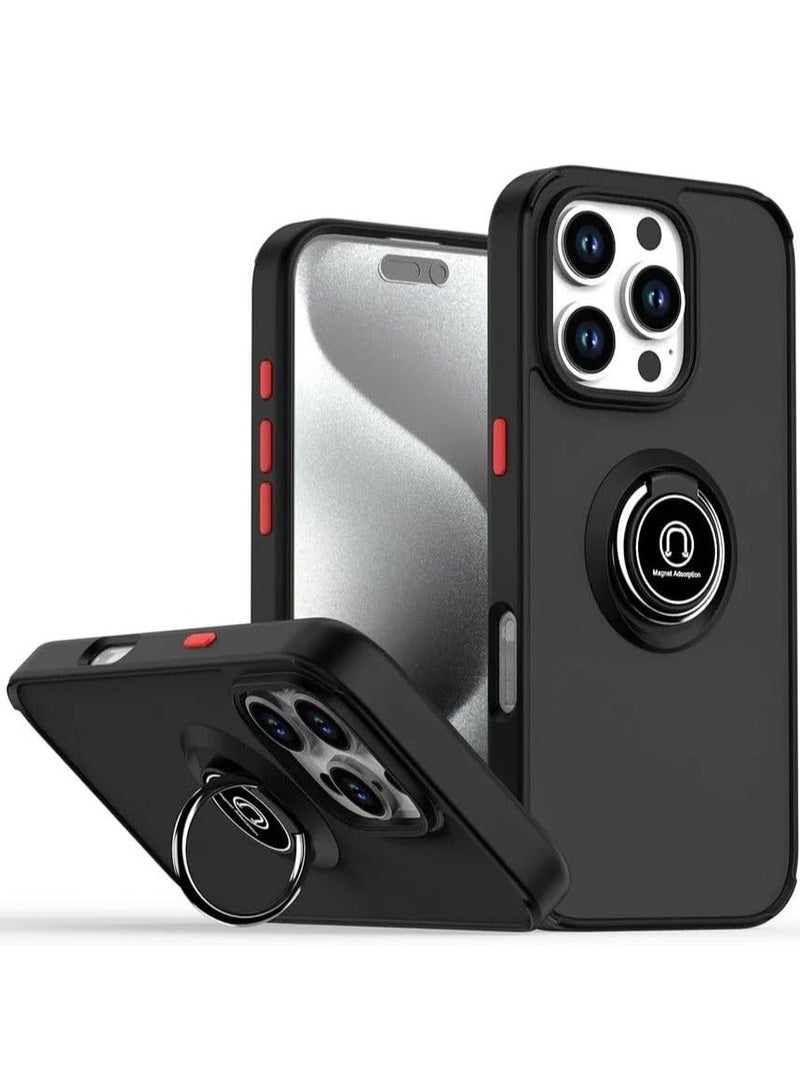 MUNTAQI iPhone 16 Plus Case Cover – Black Matte Shockproof Bumper with Metal Ring Holder Kickstand & Car Magnetic Mount - Image 1