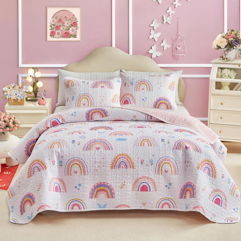 Joyreap Twin Size Quilt Set for Girls, Pink Rainbow Lovely Design, 2 Pieces Soft n Cozy Microfiber Quilt, Bedspread Bed Cover for All Season- 68x88 inches - Image 1