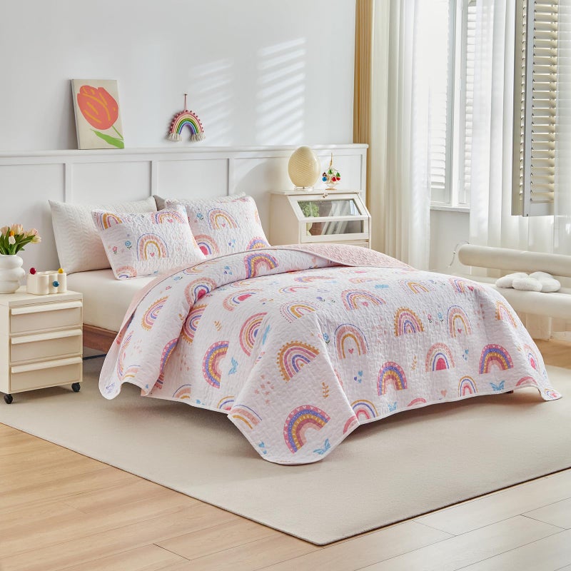 Joyreap Twin Size Quilt Set for Girls, Pink Rainbow Lovely Design, 2 Pieces Soft n Cozy Microfiber Quilt, Bedspread Bed Cover for All Season- 68x88 inches - Image 2