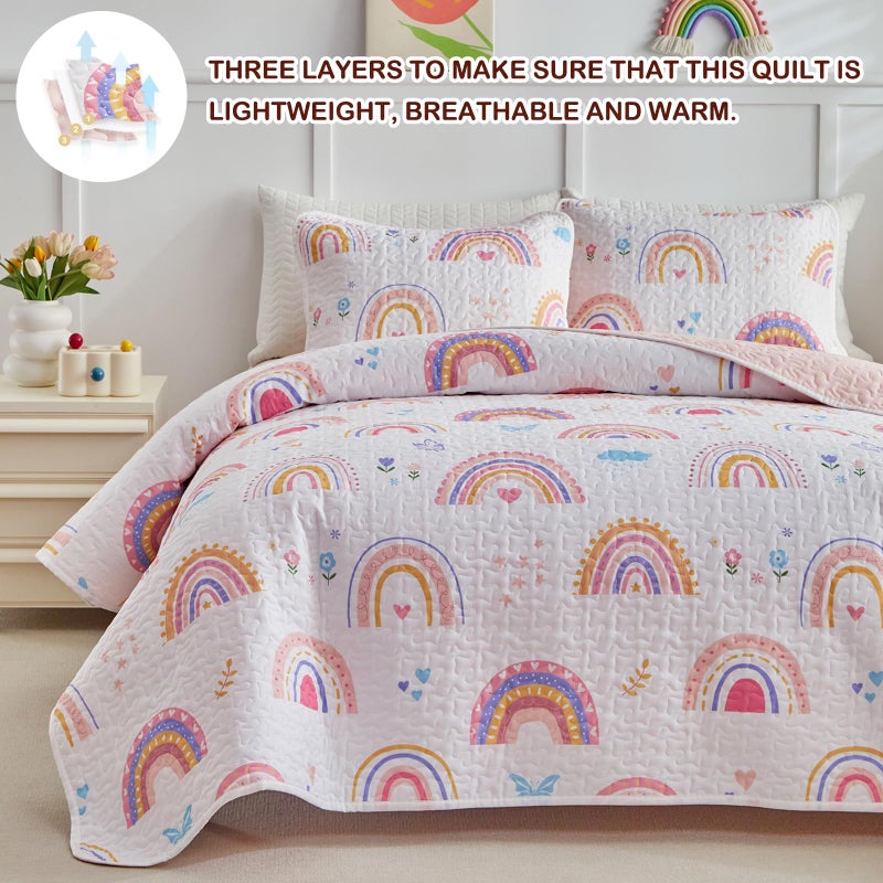 Joyreap Twin Size Quilt Set for Girls, Pink Rainbow Lovely Design, 2 Pieces Soft n Cozy Microfiber Quilt, Bedspread Bed Cover for All Season- 68x88 inches - Image 3