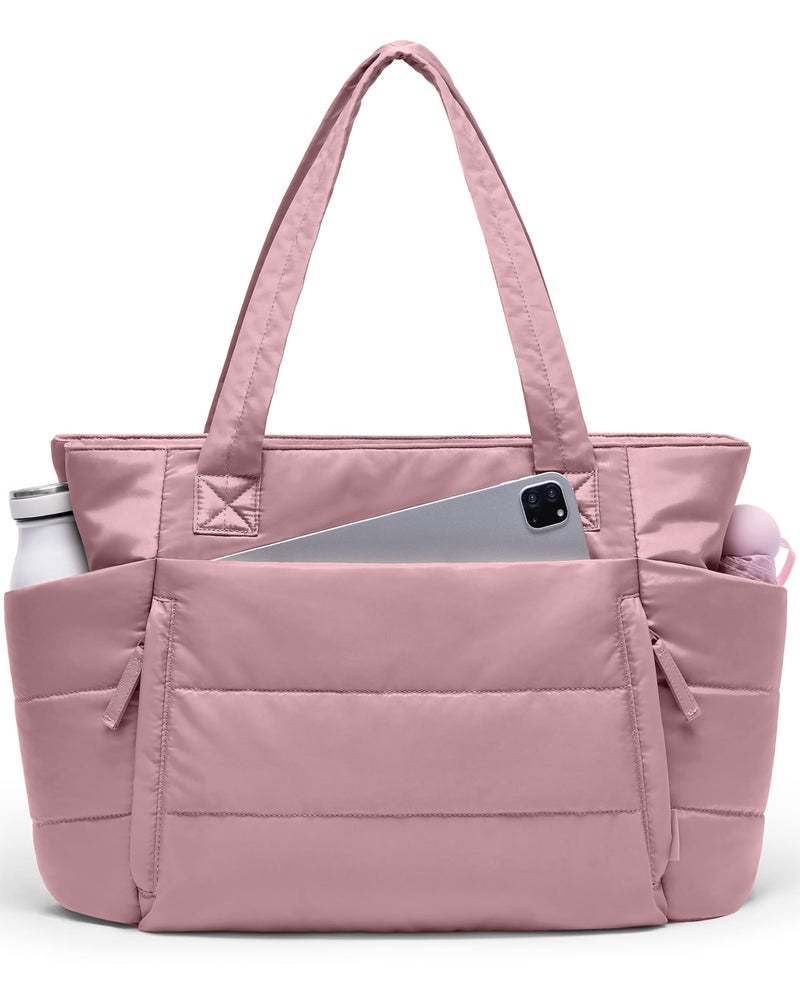 Uselike Tote Bag for Women with Zipper, Quilted Puffer Tote Bag with Compartments, Lightweight Puffy Work Bags for Women Travel (Mauve Pink - Image 1