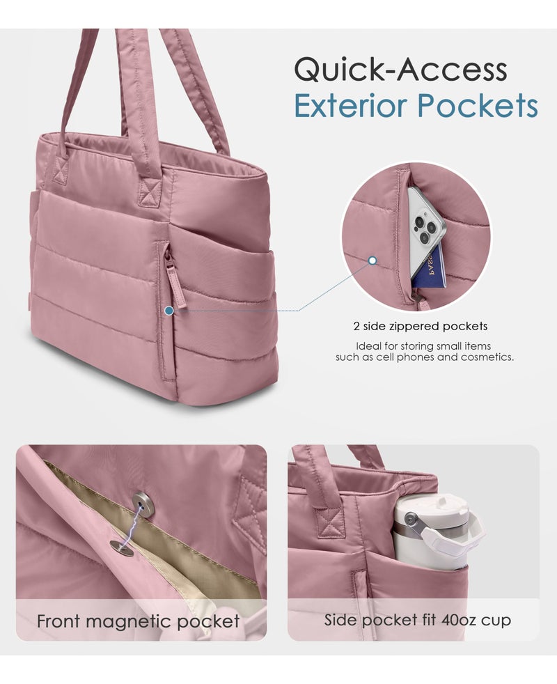 Uselike Tote Bag for Women with Zipper, Quilted Puffer Tote Bag with Compartments, Lightweight Puffy Work Bags for Women Travel (Mauve Pink - Image 3